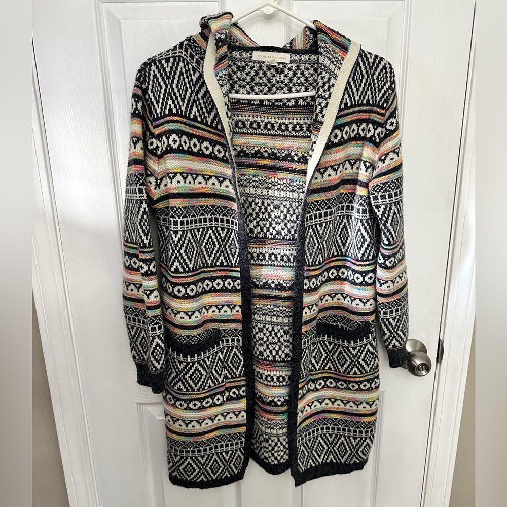 Monteau Aztec Long Open Cardigan Hooded Sweater with Pockets Size Small